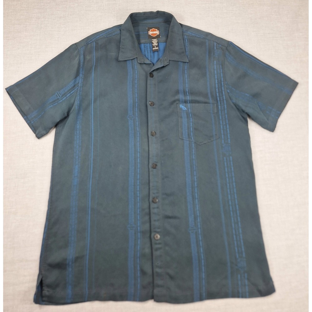 Harley-Davidson Mens Large Gray Blue Striped Rayon Button Down Camp Shirt L